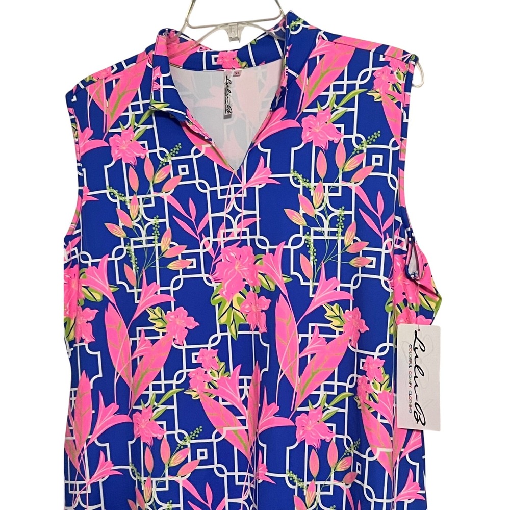 Lilly Pulitzer UPF 50+ Sleeveless Polo Dress Pink‎ Floral Blue Geometric XL NWT